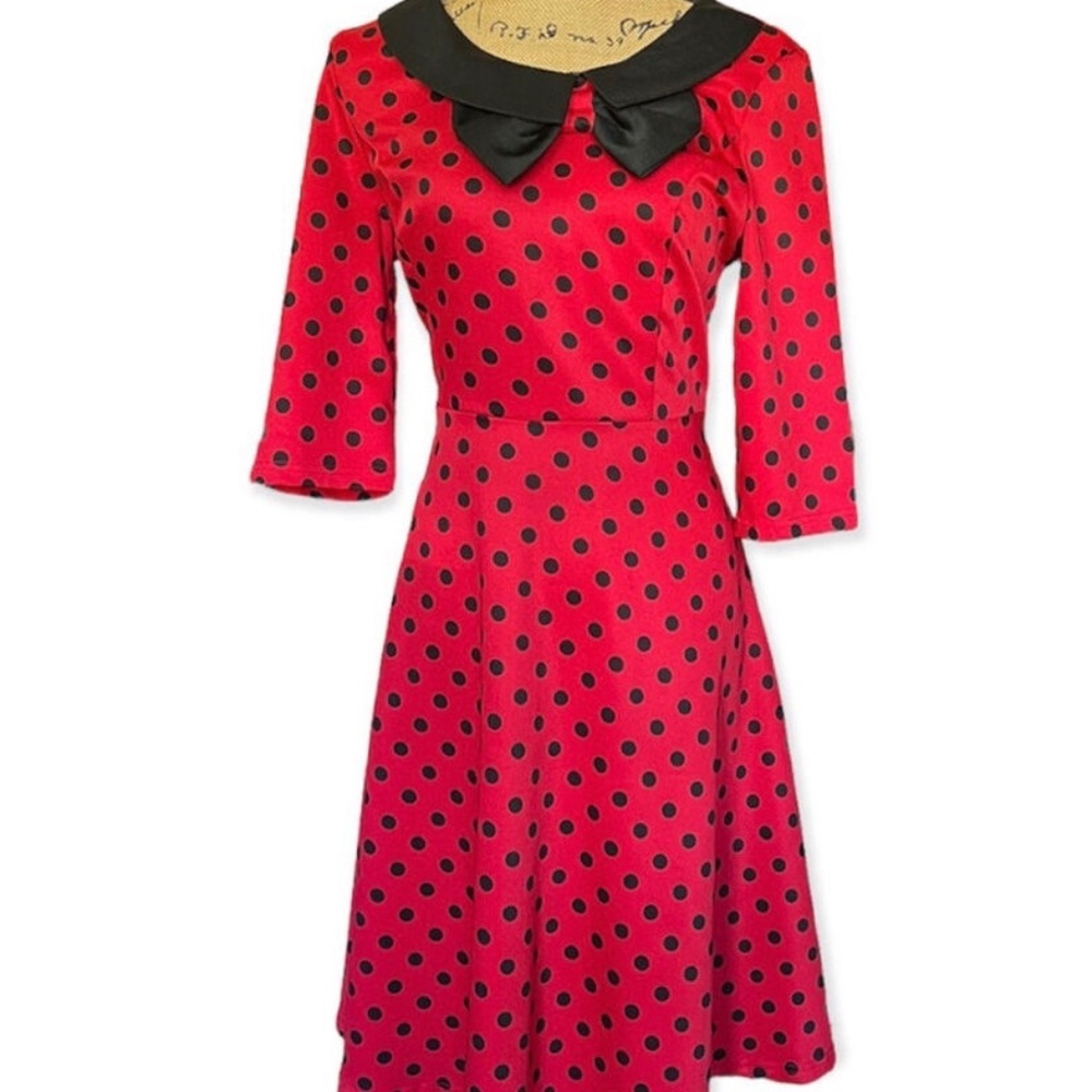 Lindy Bop Red Dress UK 10  Black Polka Dot Bow Retro 50s Collared Swing Vintage